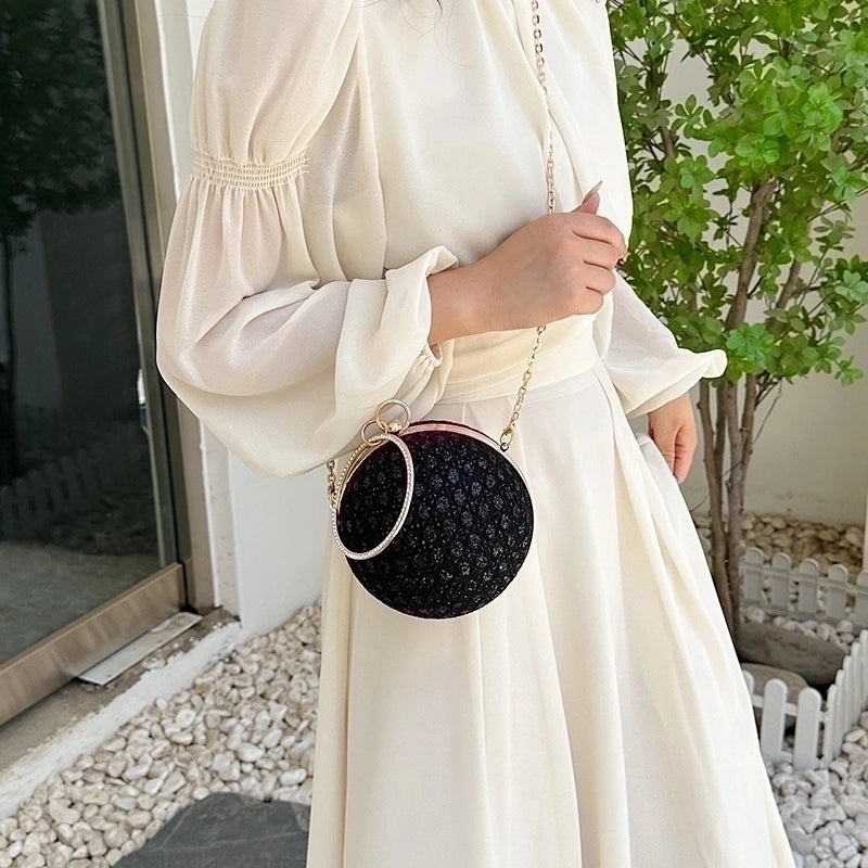 White Pink Gold Pu Leather Solid Color Sequins Round Evening Bags
