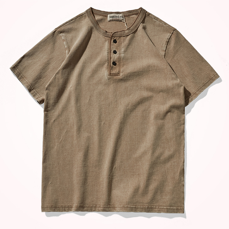 American Heavy Henley Collar Cotton Short Sleeve T-Shirt