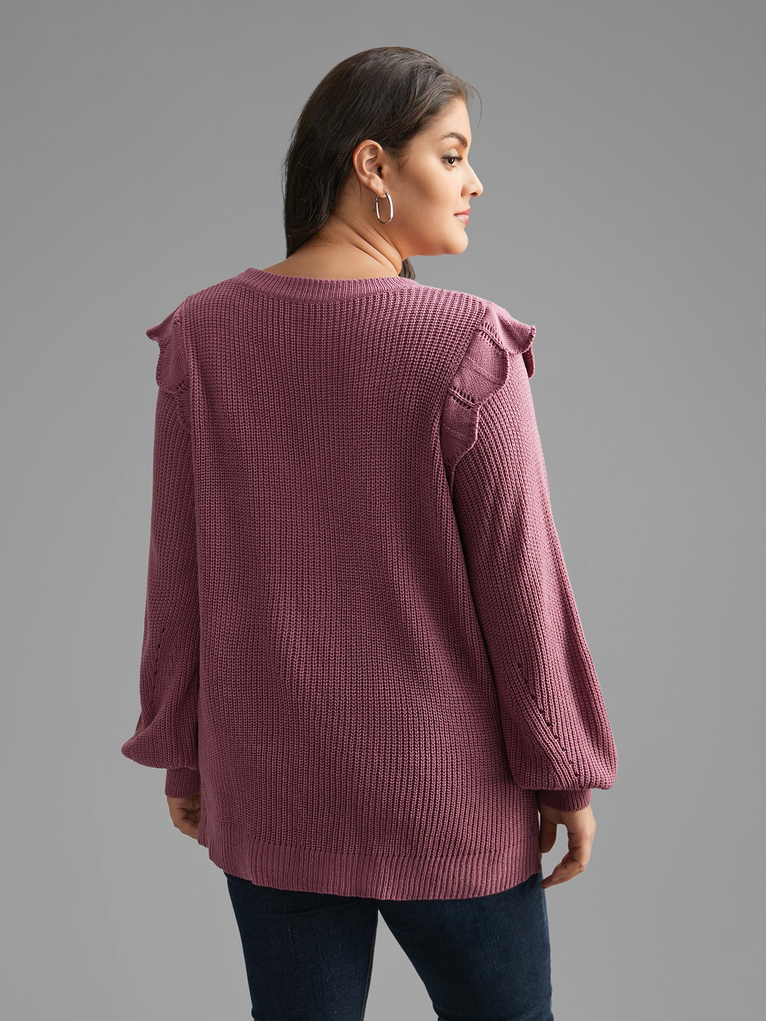 Plain Texture Trim Lantern Sleeve Pullover