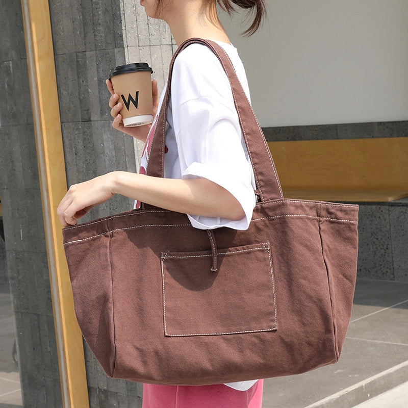 Women's Large Canvas Solid Color Basic Open Canvas Bag