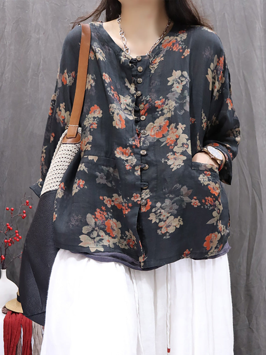 Women Spring Artsy O-Neck Flower 100%Ramie Shirt