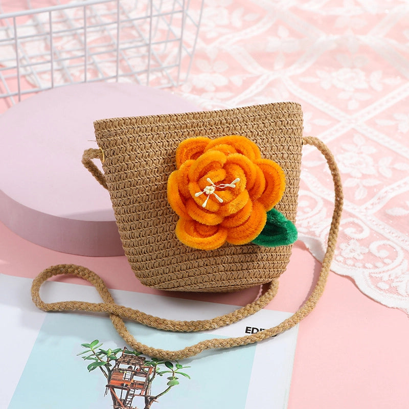 Women's Small Straw Solid Color Flower Vacation Beach Weave Round Zipper Straw Bag