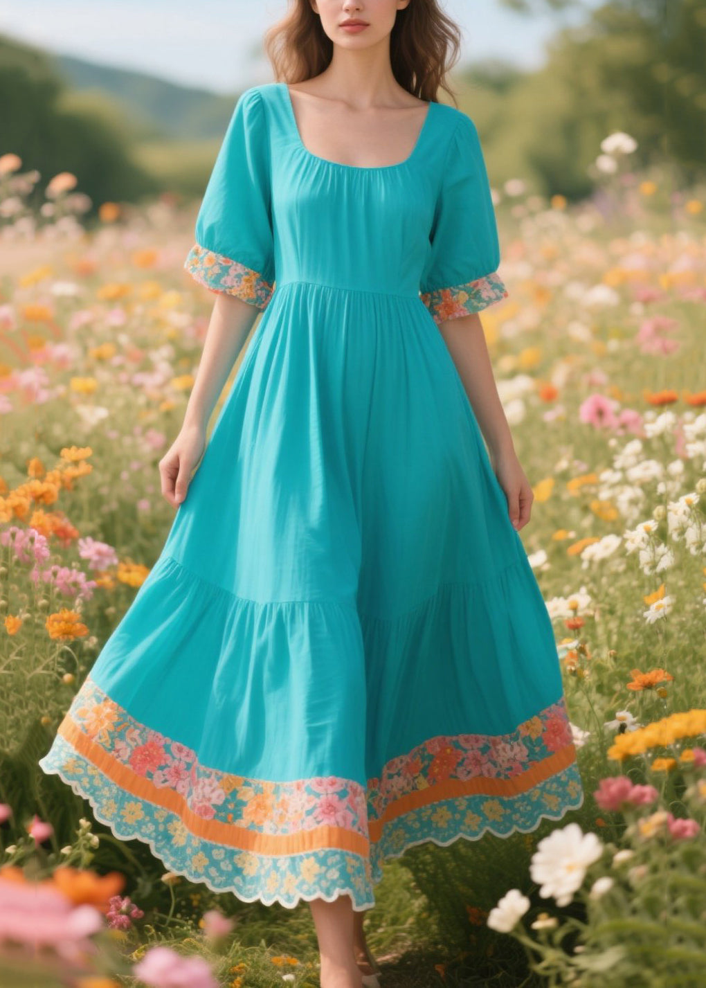 Loose Blue U Neck Patchwork Print Cotton Dress Summer
