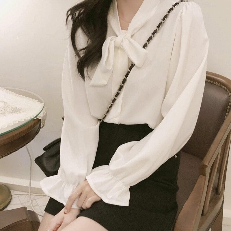 Button-Down Tie-Neck Blouse