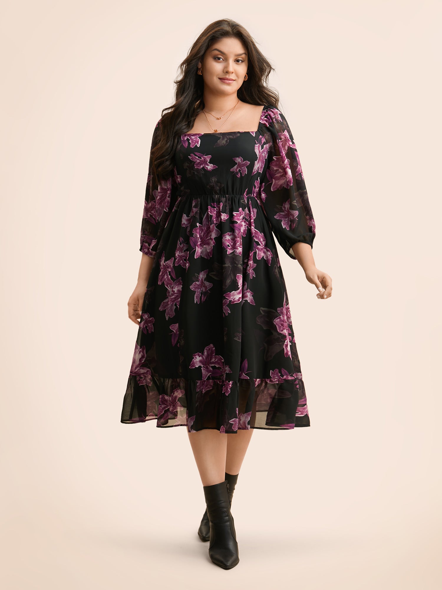 Floral Patchwork Ruffle Hem Mesh Dress