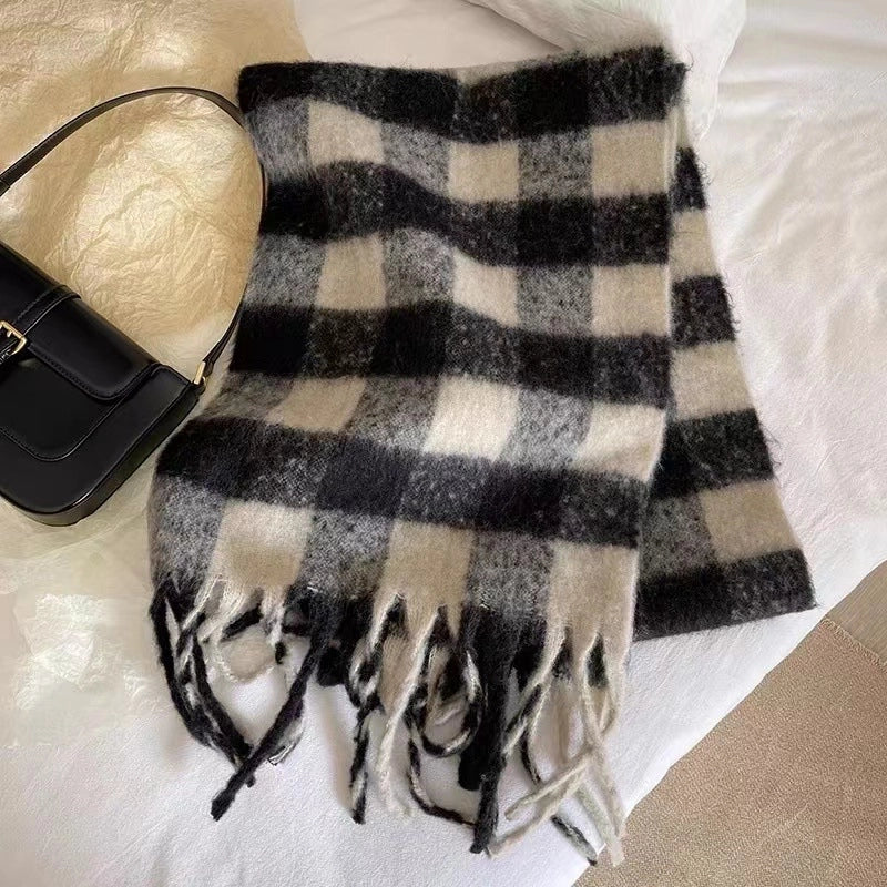 Black And White Plaid Mohair Tassel Scarf Women's Winter New Shawl Lengthened Fashionable Warm Scarf