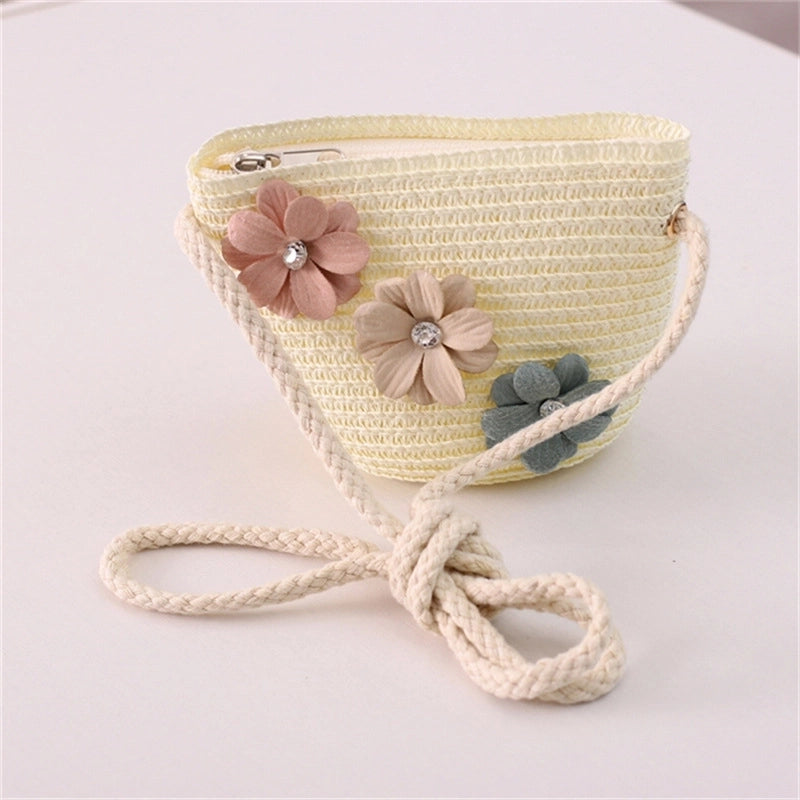 Girl's Straw Flower Strawberry Bow Knot Cute Bucket Zipper Crossbody Bag