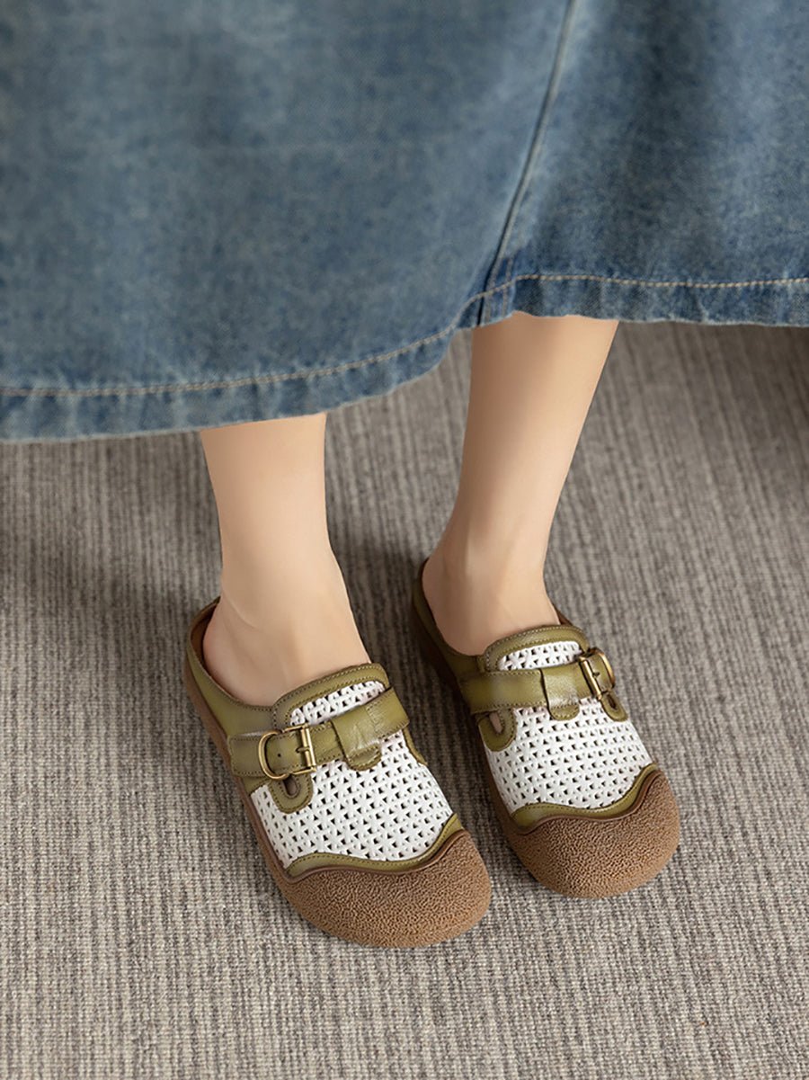 Women Summer Colorblock Leather Flat Slippers