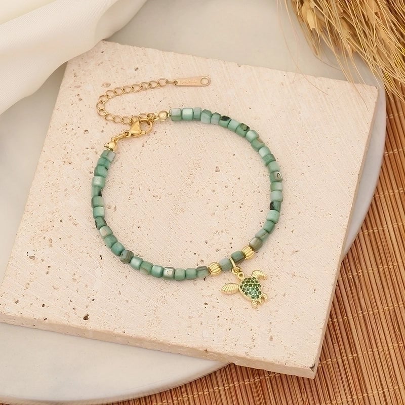 Stainless Steel Shell 18K Gold Plated Lady Minimalist Beaded Eye Bracelets
