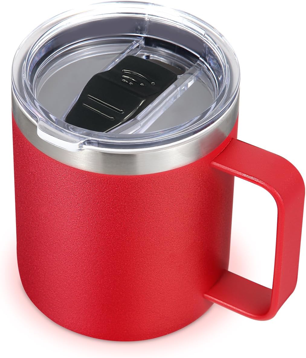 Volhoply 14oz Insulated Stainless Steel Coffee Mug with Leakproof Lid,Double Wall Vacuum Travel Coffee Cup with Handle,Reusable Metal Tumbler,Camping Mugs Keep Hot/Cold,Christmas Gifts(Black,1