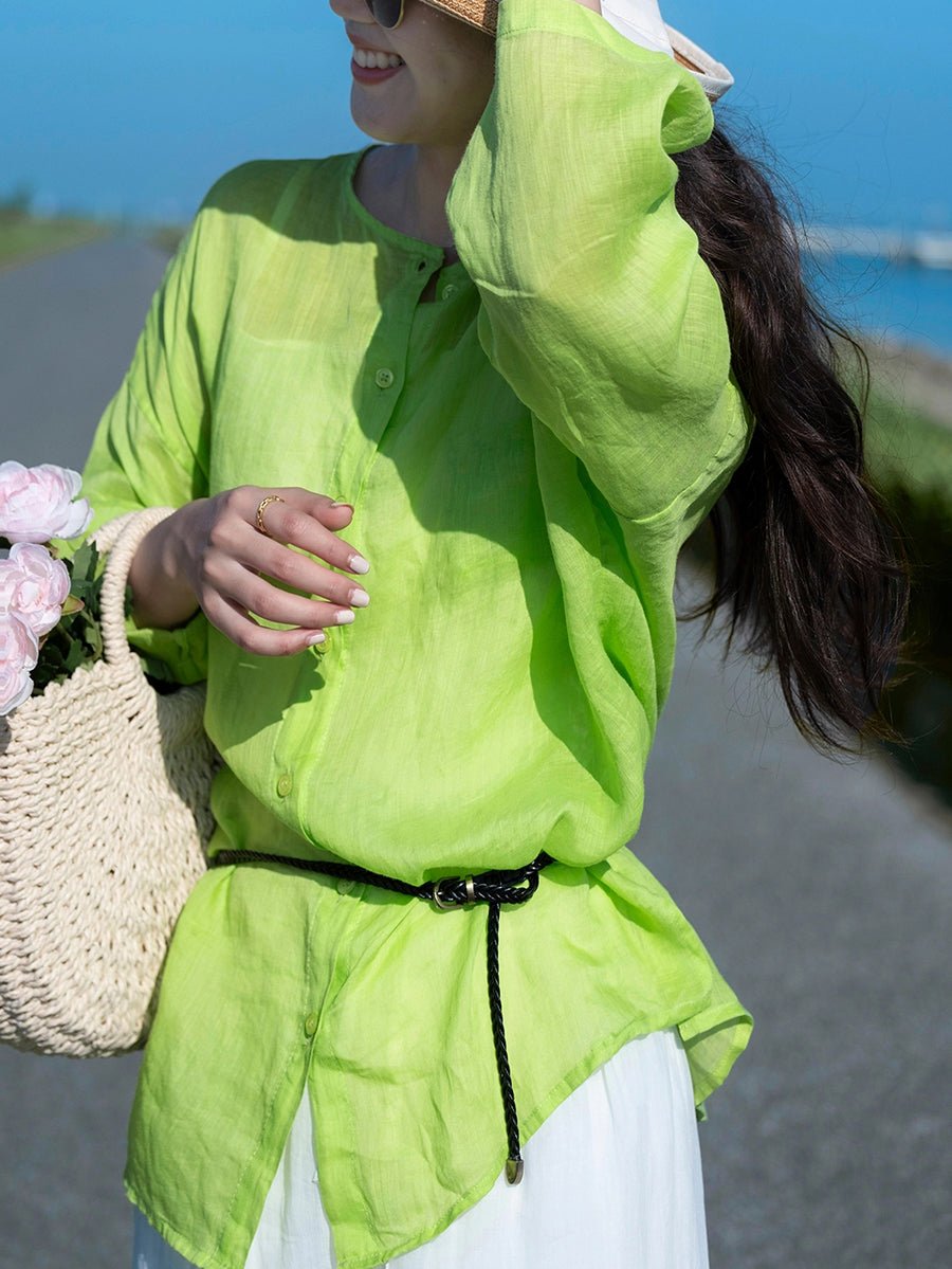 Women Summer Vintage Pure Color O-Neck 100%Ramie Shirt