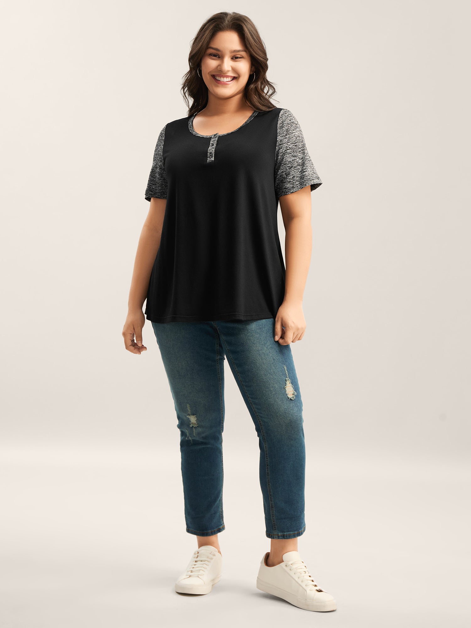 Color Contrast Button Detail T-Shirt
