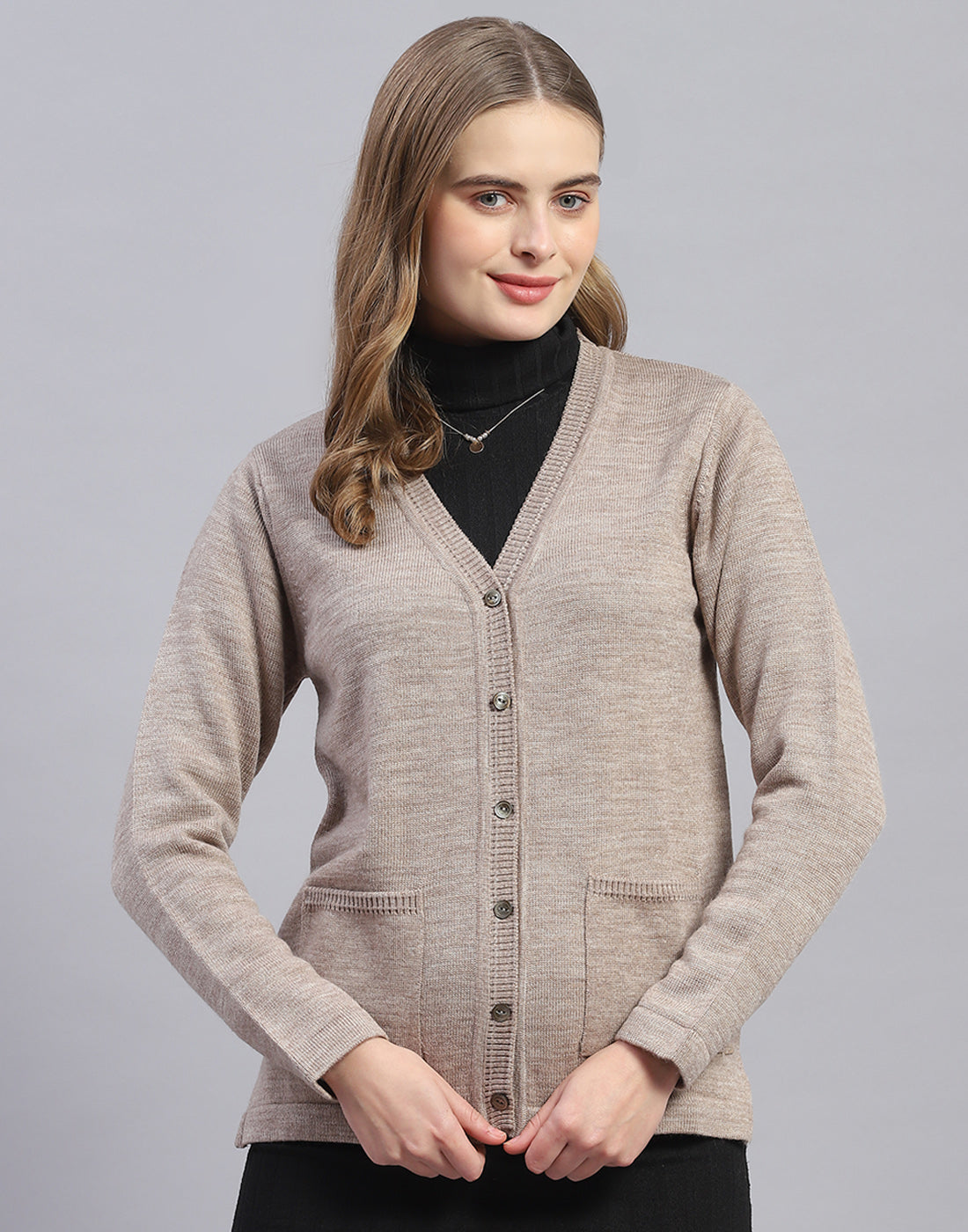 Women Brown Solid V Neck Full Sleeve Cardigan