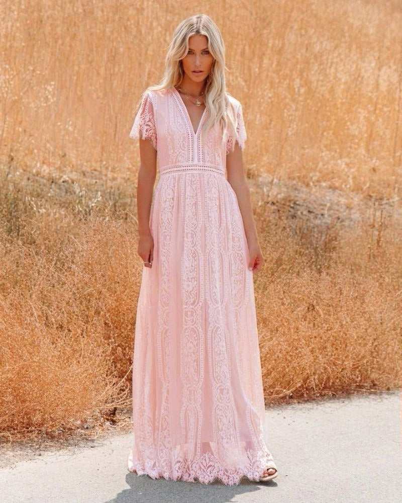 Boho Dress for Women|Bohemian Dress|Midi Boho Dress| Deep V-neck Lace Hollow Out Bohemian Maxi Dress Vintage Lady White Boho Dresses|Wedding Guest Dress