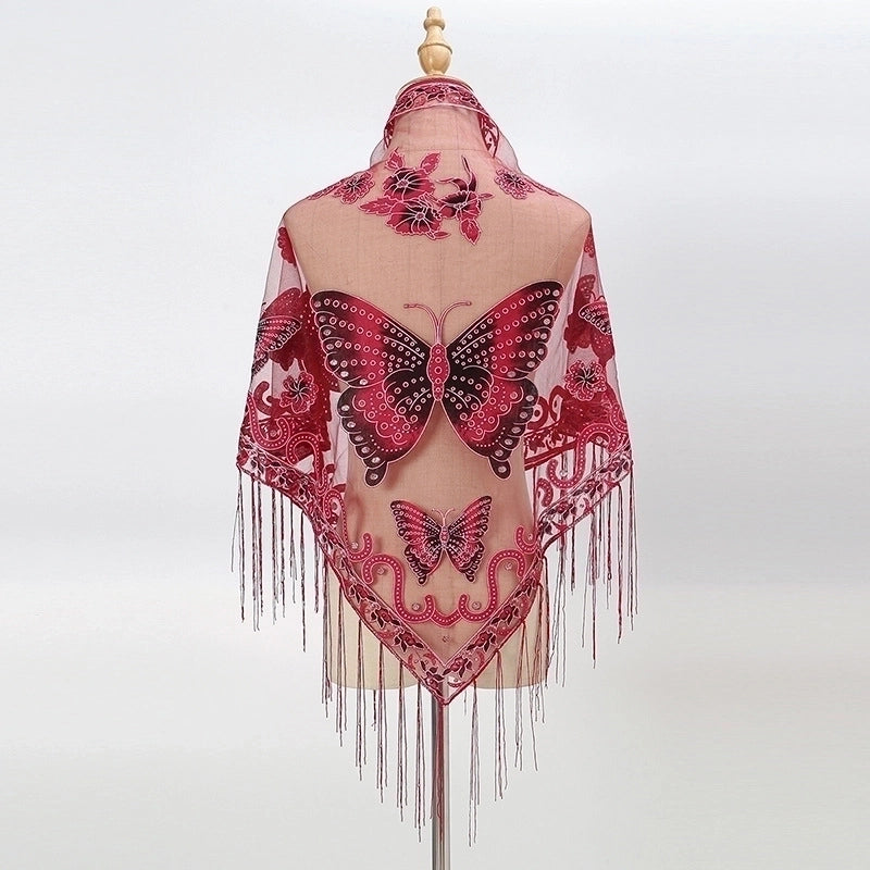 New Tassel Triangle Scarf Solid Color Hollow Lace Butterfly Embroidered Triangle Shawl Scarf For Women