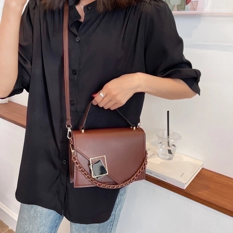 Women's Small Pu Leather Solid Color Fashion Chain Square Magnetic Buckle Crossbody Bag