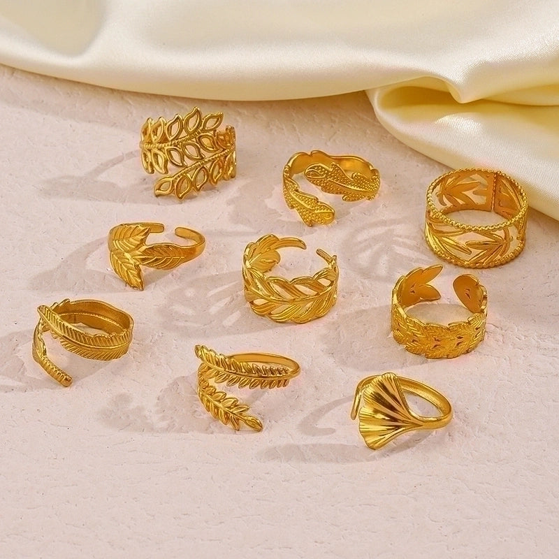 304 Stainless Steel 18K Gold Plated Minimalist Plating Leaf Open Ring