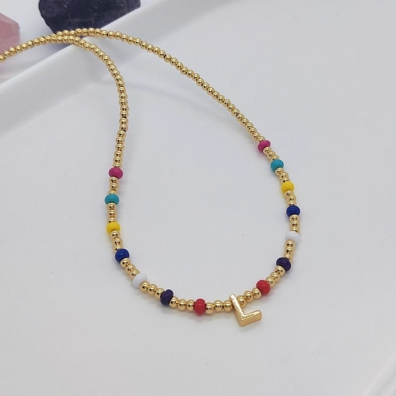 Ig Style Minimalist Letter Glass Copper Beaded Knitting Plating 18k Gold Plated Necklace