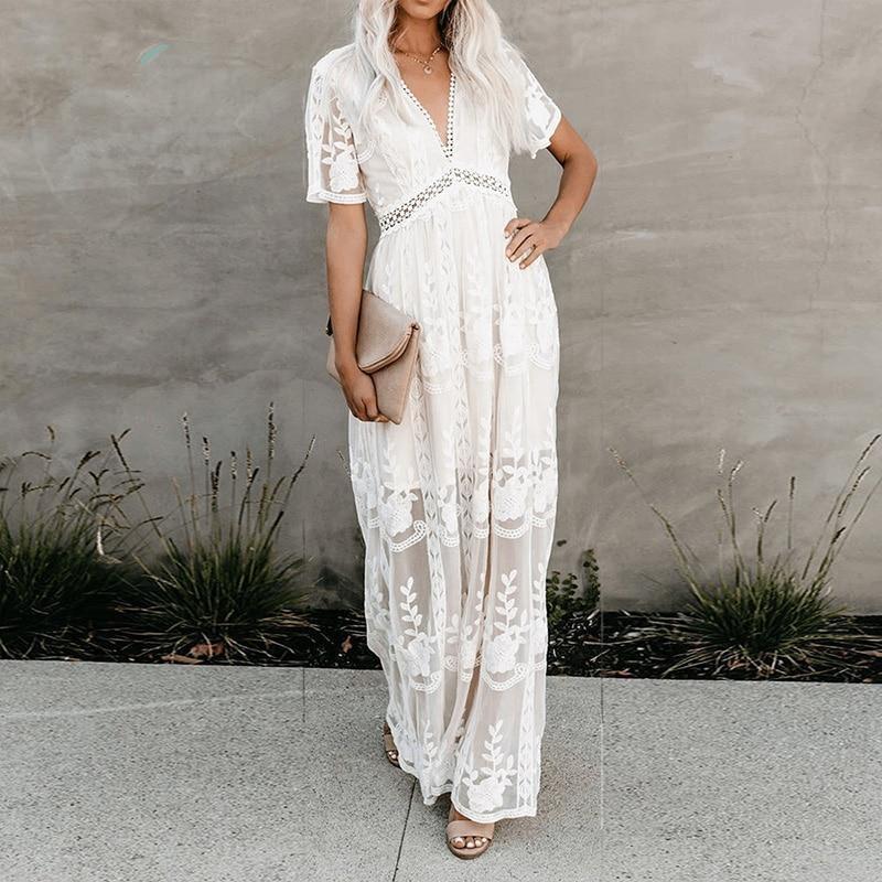 Boho Dress for Women|Bohemian Dress|Midi Boho Dress| Summer Lace Embroidery Long Sleeve V-neck White Chiffon Dress Lady mesh Patchwork Boho Dresses|Wedding Guest Dress