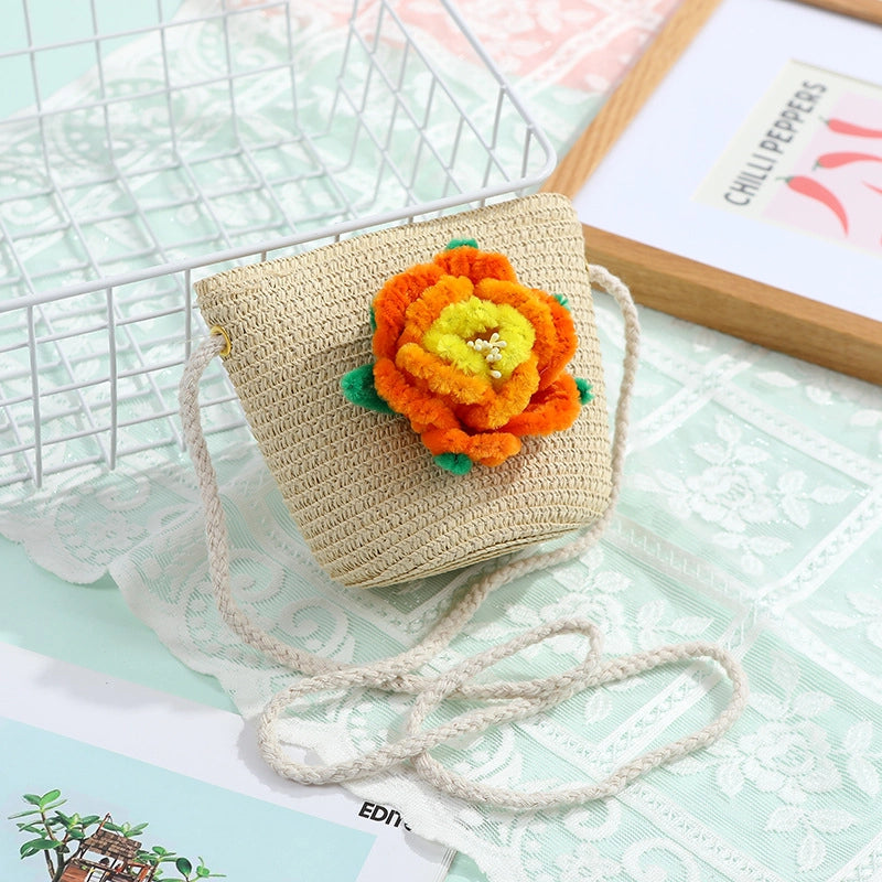 Women's Small Straw Solid Color Flower Vacation Beach Weave Round Zipper Straw Bag