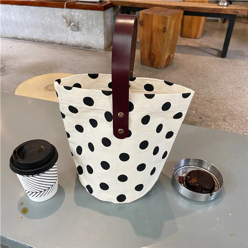 Women's Medium Canvas Round Dots Smile Face Cute Bucket Open Handbag