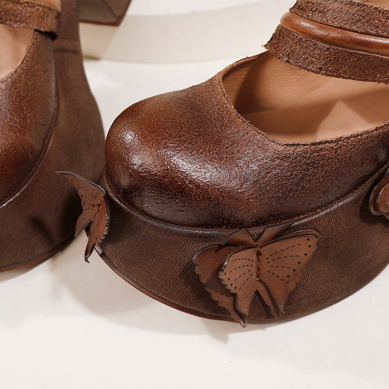 Handmade Retro Leather Mary Jane Shoes For Women 85mm Platform in Coffee/Gray