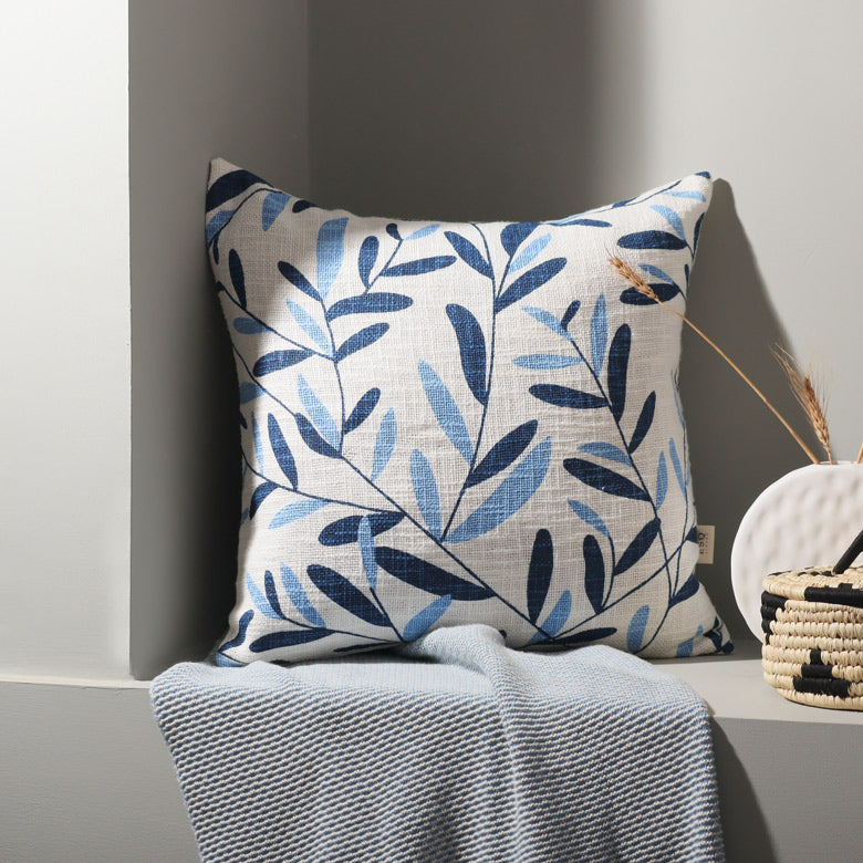 Ivy Printed Cotton Cushion Cover - Blue White