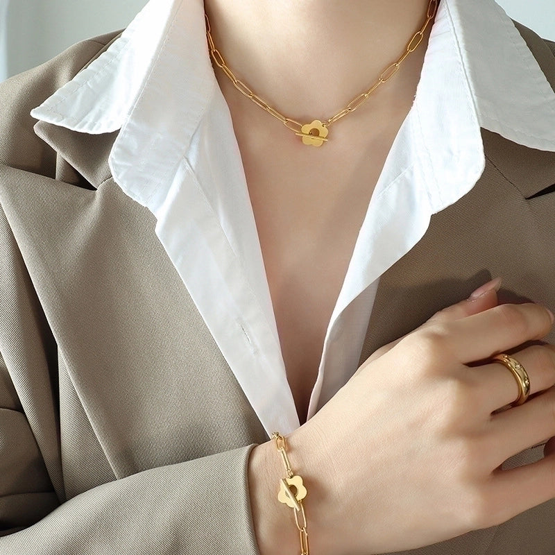 Fashion Flower 304 Stainless Steel 18K Gold Plated Plating Hollow Out Bracelets Necklace