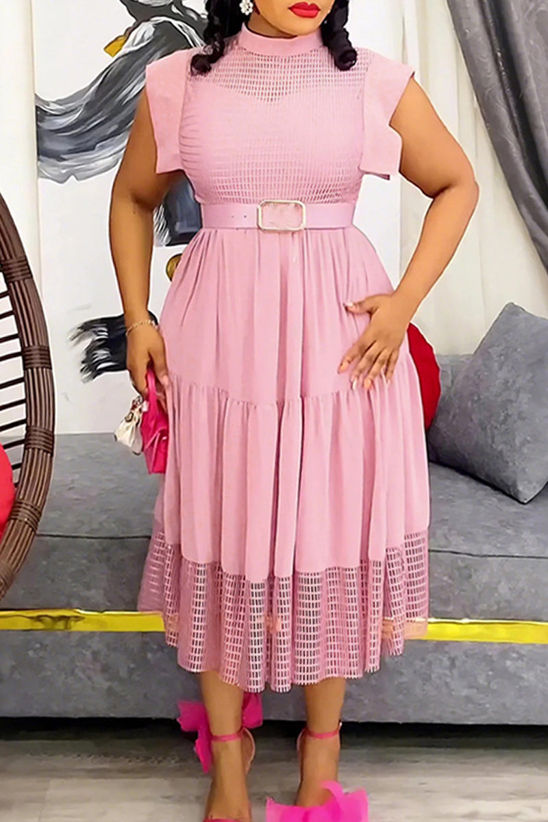 Casual Solid Color With Belt Half A Turtleneck A Line Plus Size Dresses