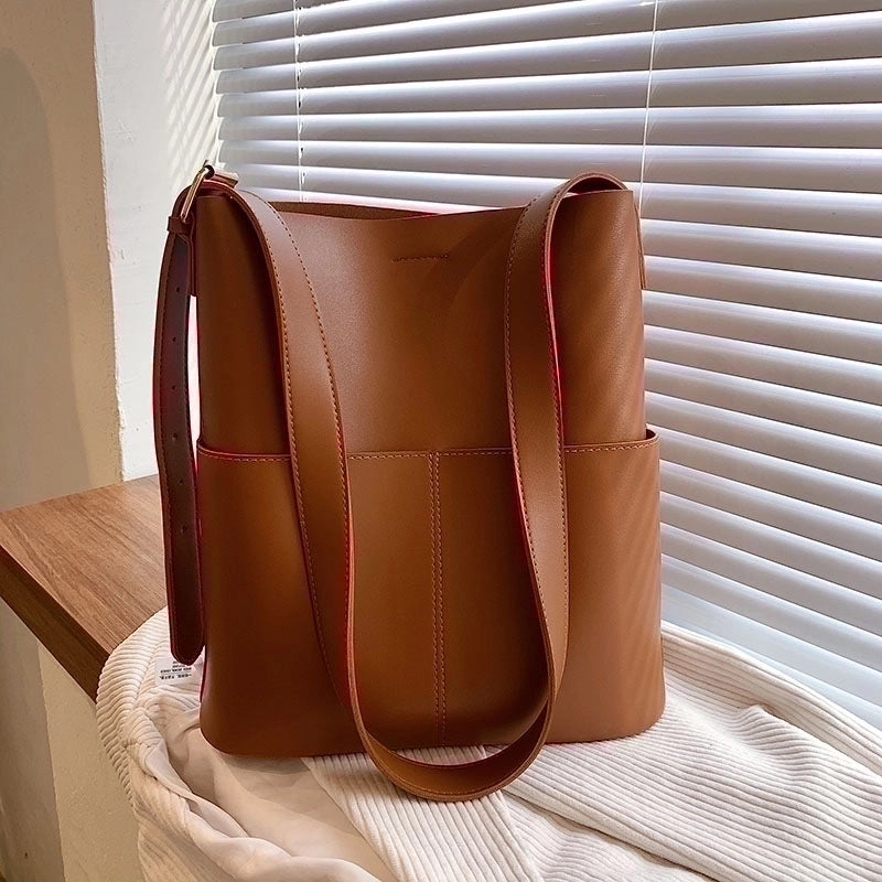 Women's Large Pu Leather Solid Color Basic Open Tote Bag