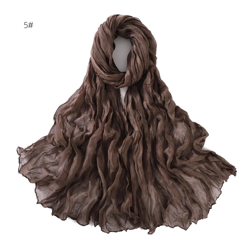 Spring And Autumn Pure Color Silk Yarn Twist Wrinkle Cotton And Linen Breathable Thin Scarf Female Cover Scarf In Stock