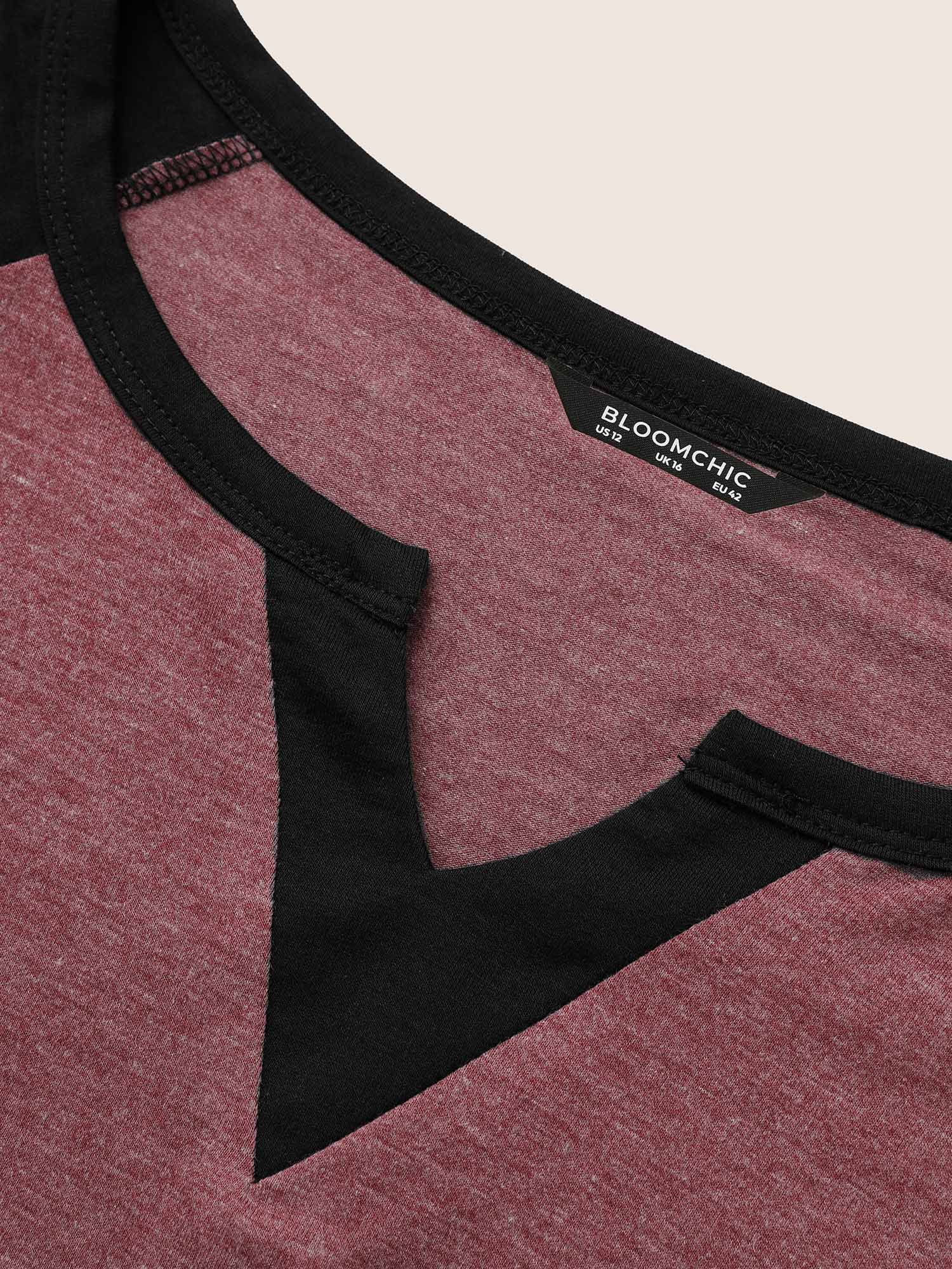 Colorblock Contrast Notched Raglan Sleeve T-shirt