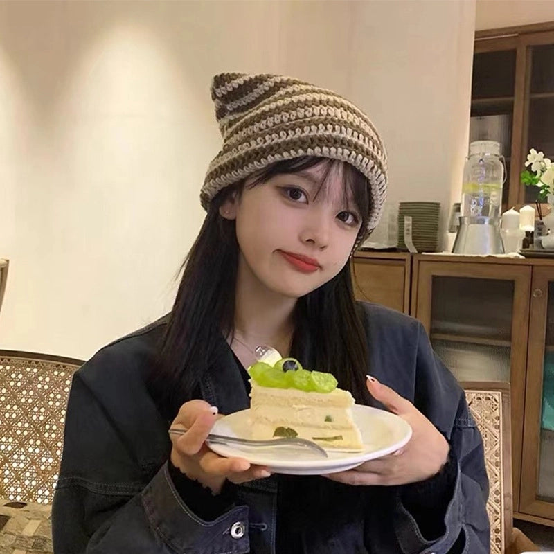Autumn And Winter Wool Hat Japanese Sweet Little Devil Handmade Striped Hat Female Cat Ear Hat Warm Knitted Hat