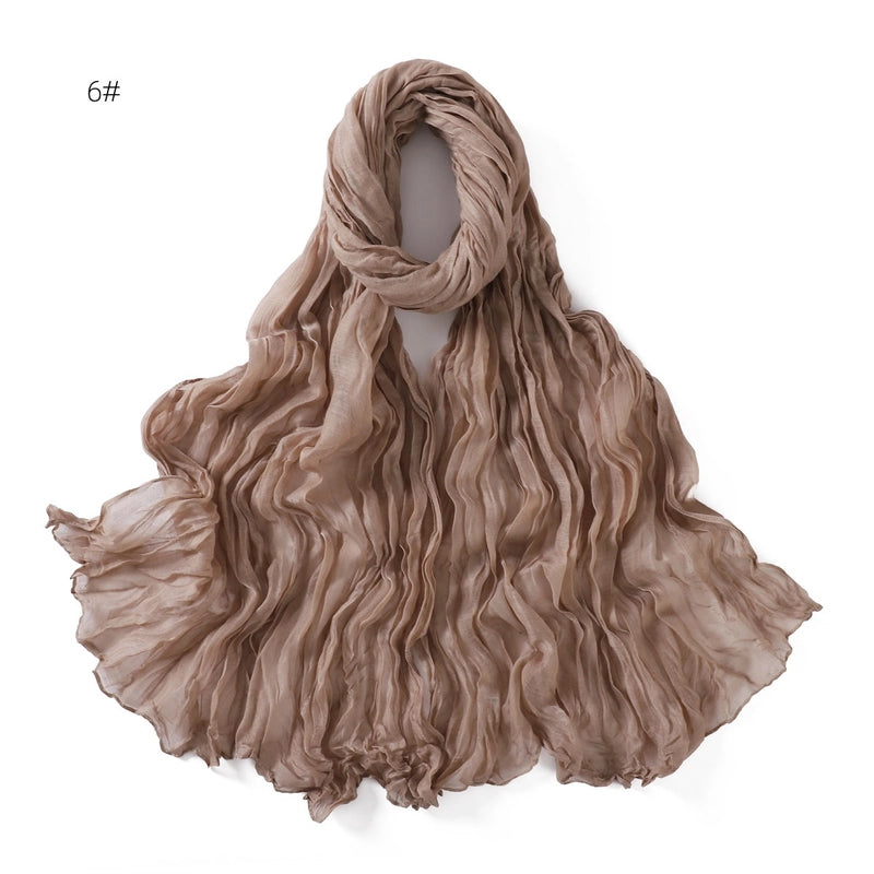 Spring And Autumn Pure Color Silk Yarn Twist Wrinkle Cotton And Linen Breathable Thin Scarf Female Cover Scarf In Stock