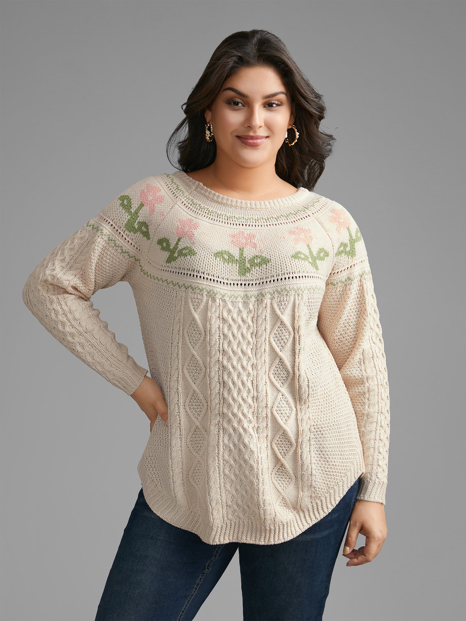 Floral Jacquard Raglan Sleeve Pullover