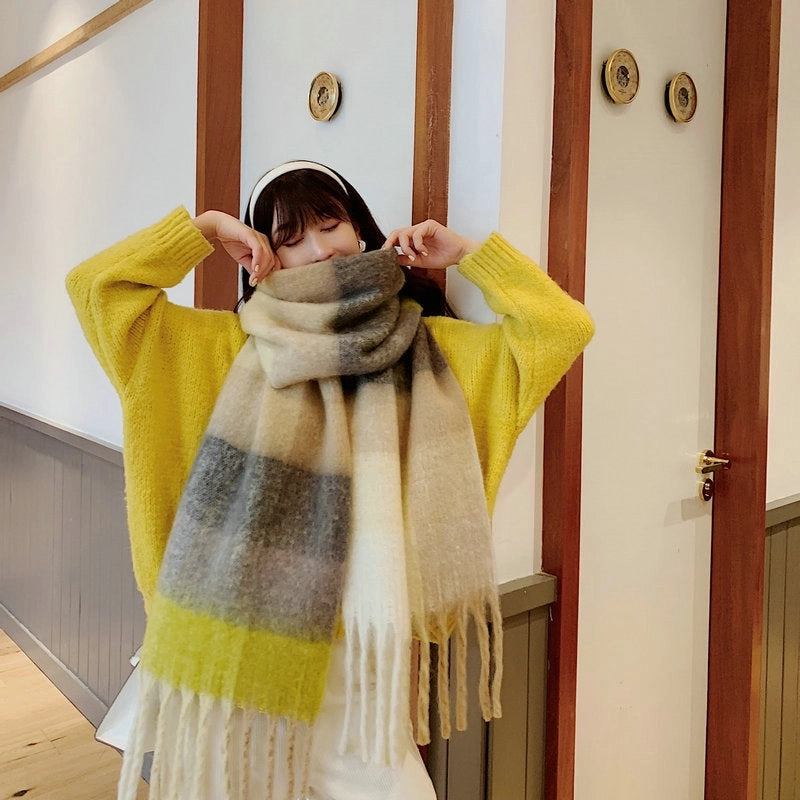 Knock On The Beauty Drop ~ A Big Love Thick Braid Rainbow Checkered Color Matching Scarf Winter Cashmere Plaid Tassel Shawl