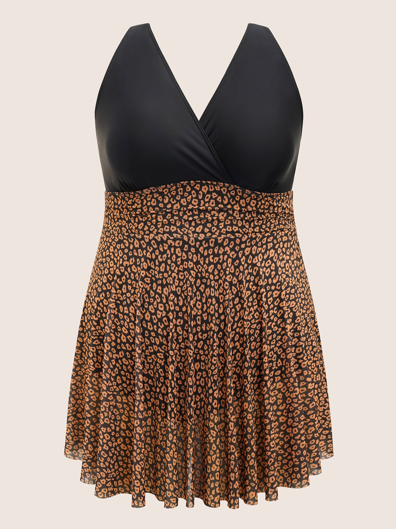 V Neck Leopard Print Patchwork Swim Dress