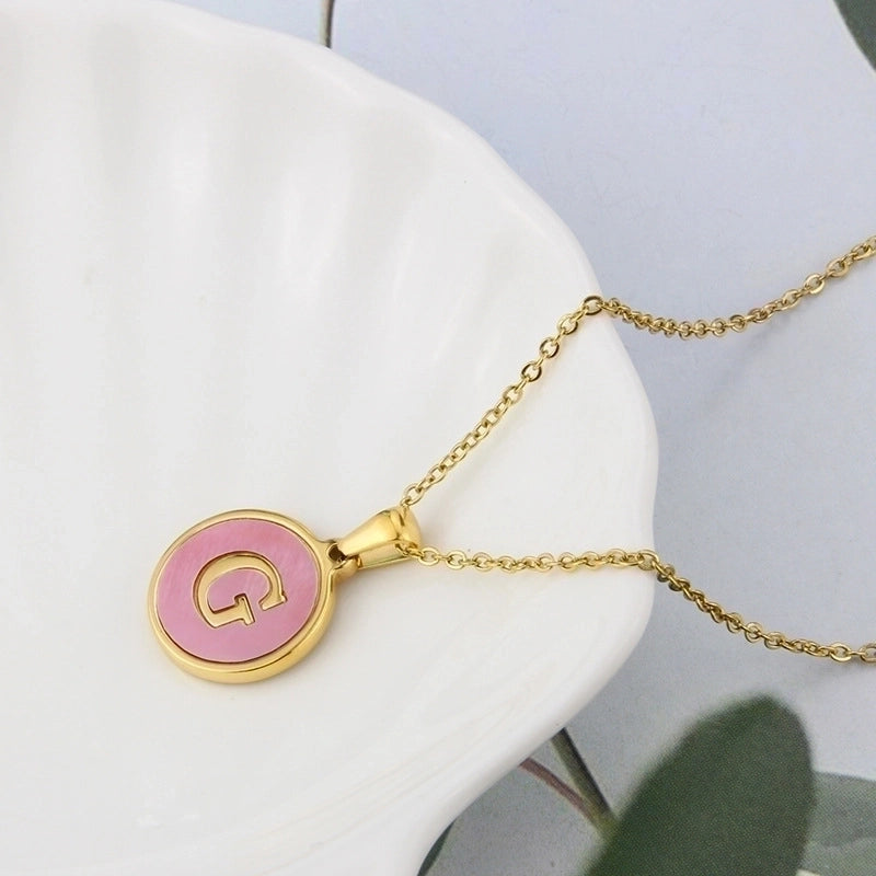 Minimalist Letter Titanium Steel Plating Inlay Shell Pendant Necklace