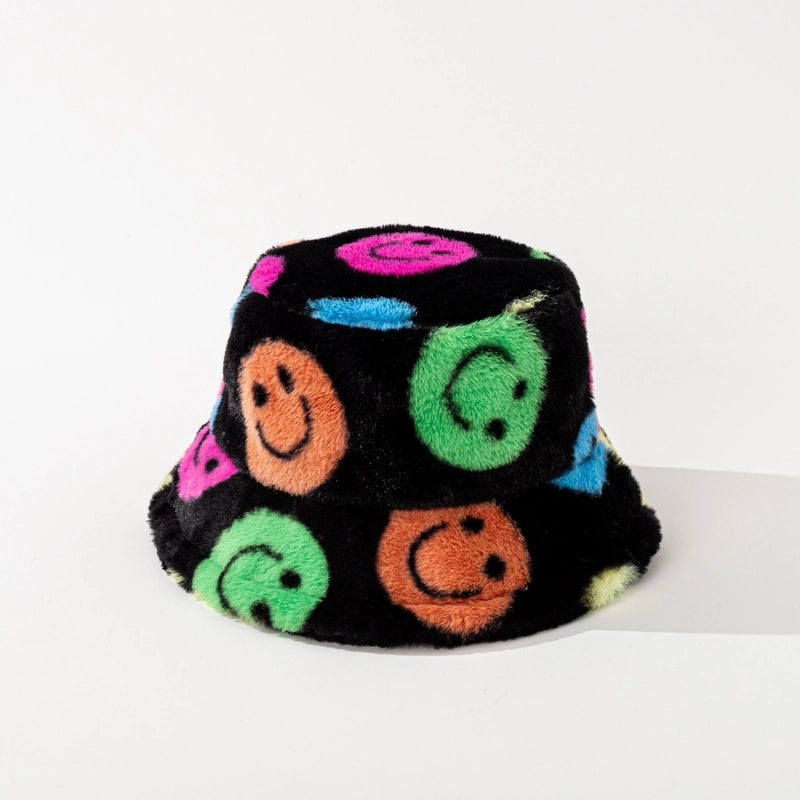 Women's Minimalist Smile Face Printing Flat Eaves Bucket Hat