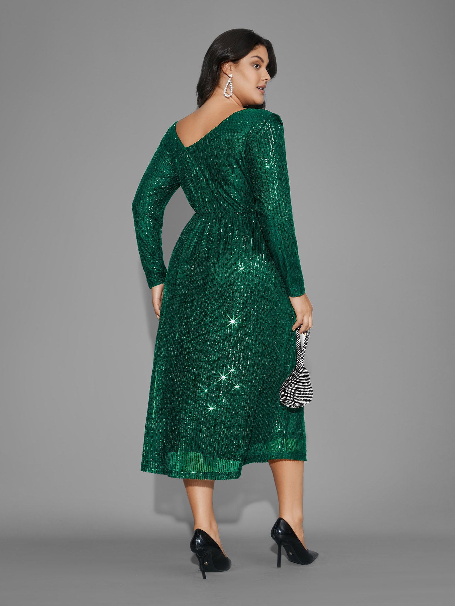 Sequin Mesh Asymmetrical Neck Midi Dress