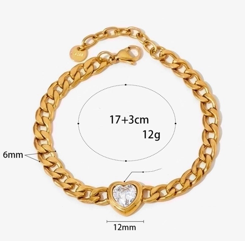 3 Pieces 304 Stainless Steel 16K Gold Plated White Gold Plated Gold Plated Minimalist Inlay Heart Shape Zircon Bracelets Earrings Necklace