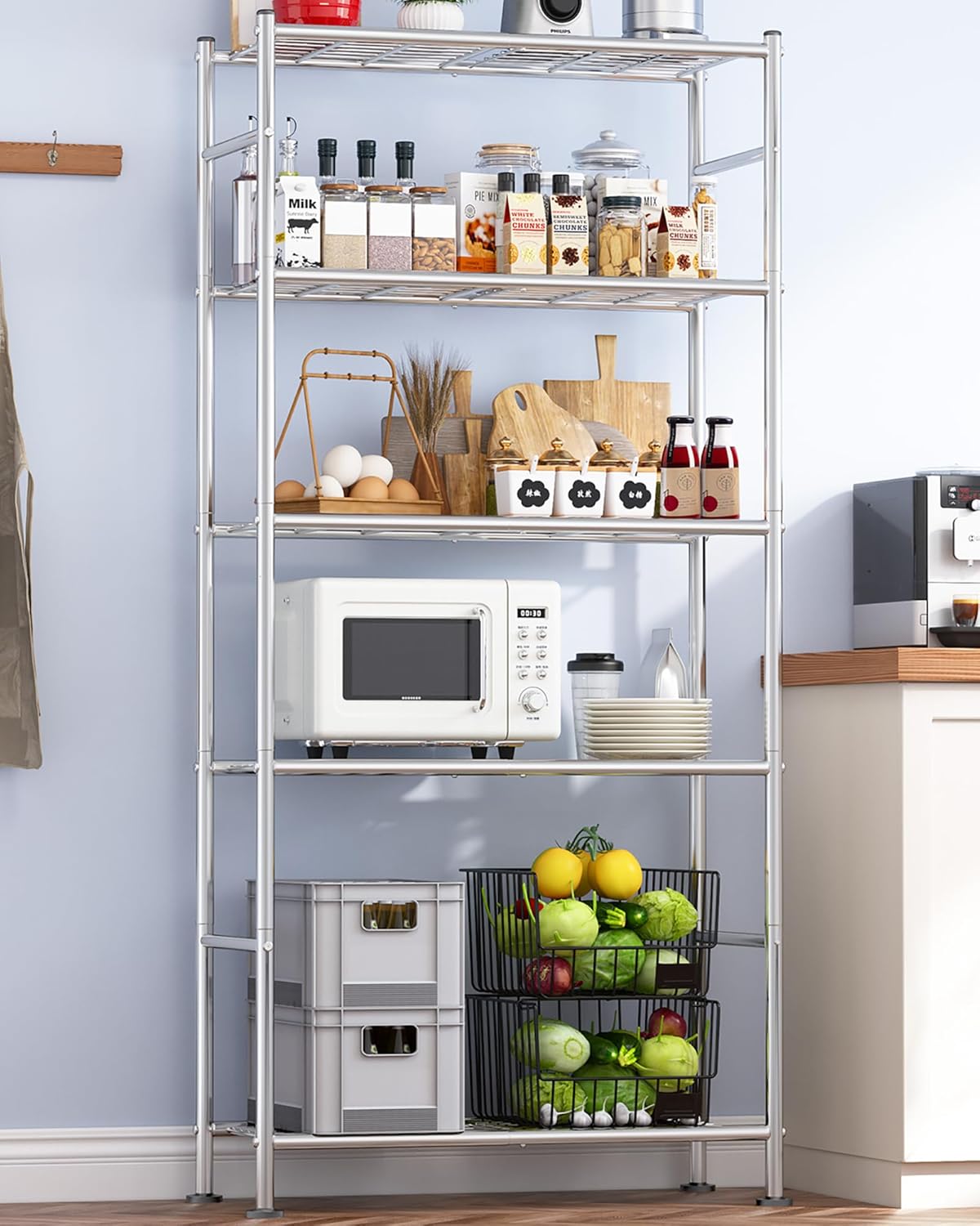 Storage Shelves - 5 Tier Shelf Organizer, Heavy Duty Garage Shelving Unit with Leveling Feet, Stable Metal Shelves Organizer for Pantry, Kitchen and Closet, 33.0