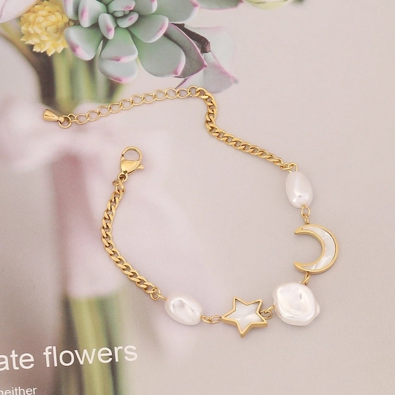 Sweet Star Moon Heart Shape Stainless Steel Inlay Artificial Pearls Bracelets 1 Piece