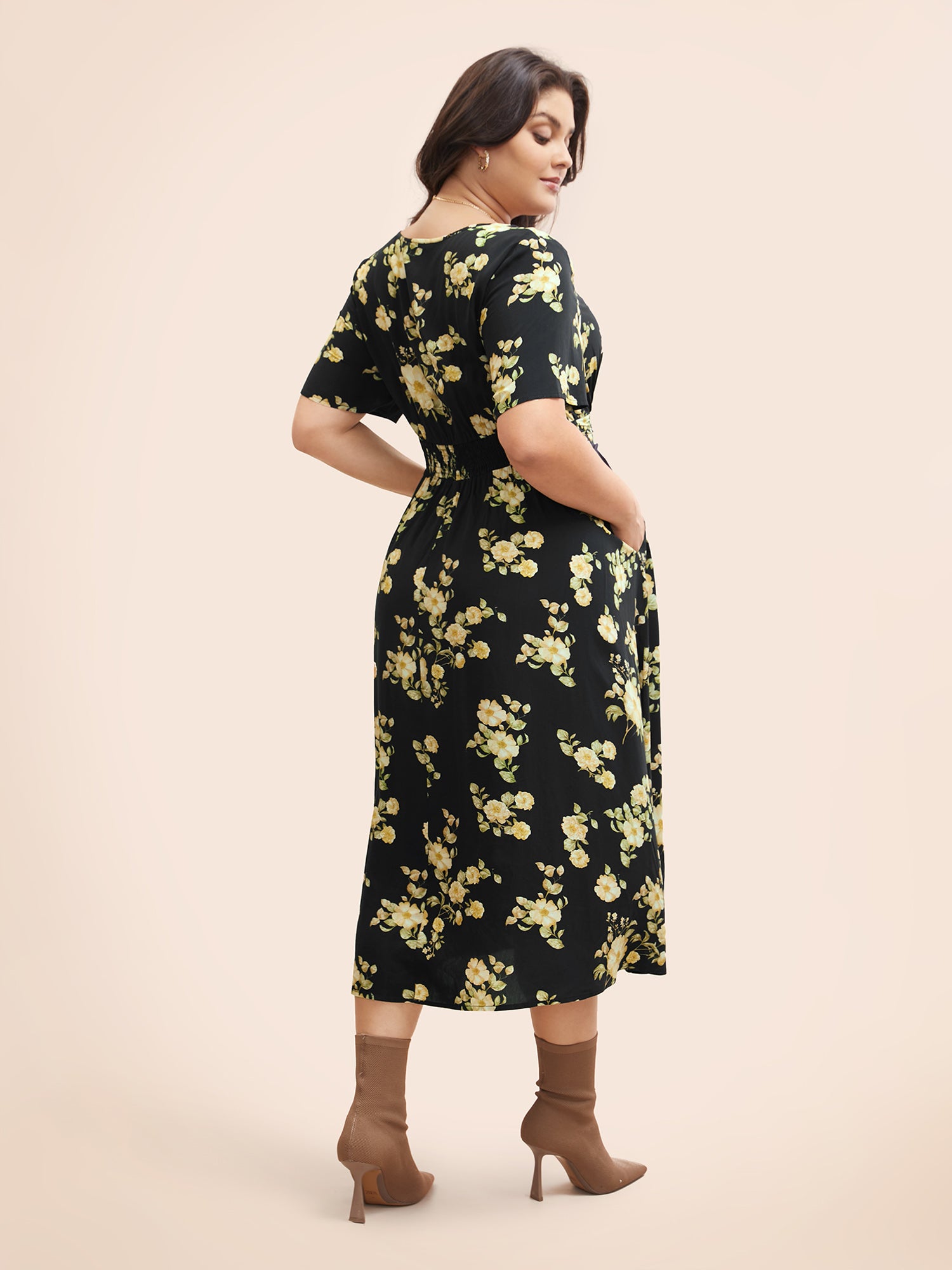 Floral Gathered Shirred Flutter Sleeve Dress