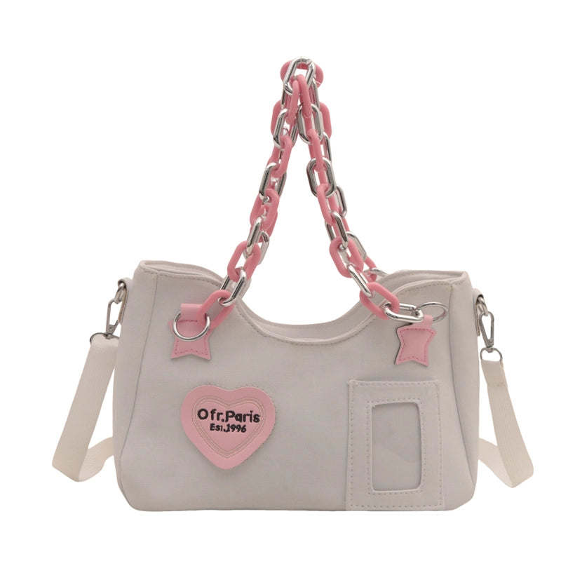 3 Pieces Women'S Canvas Letter Color Block Heart Shape Streetwear Chain Square Zipper Shoulder Bag Crossbody Bag