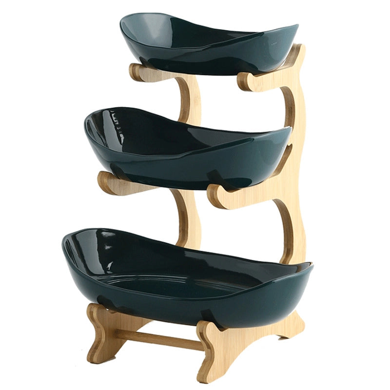 Creative Double-layer Multi-layer Fruit Plate European-style Ceramic Dried Fruit Plate Bamboo Rack Household Sushi Plate Direct Fruit Basket