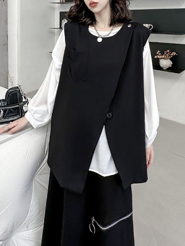 Loose Sleeveless Asymmetric Zipper Round-Neck Vest Top
