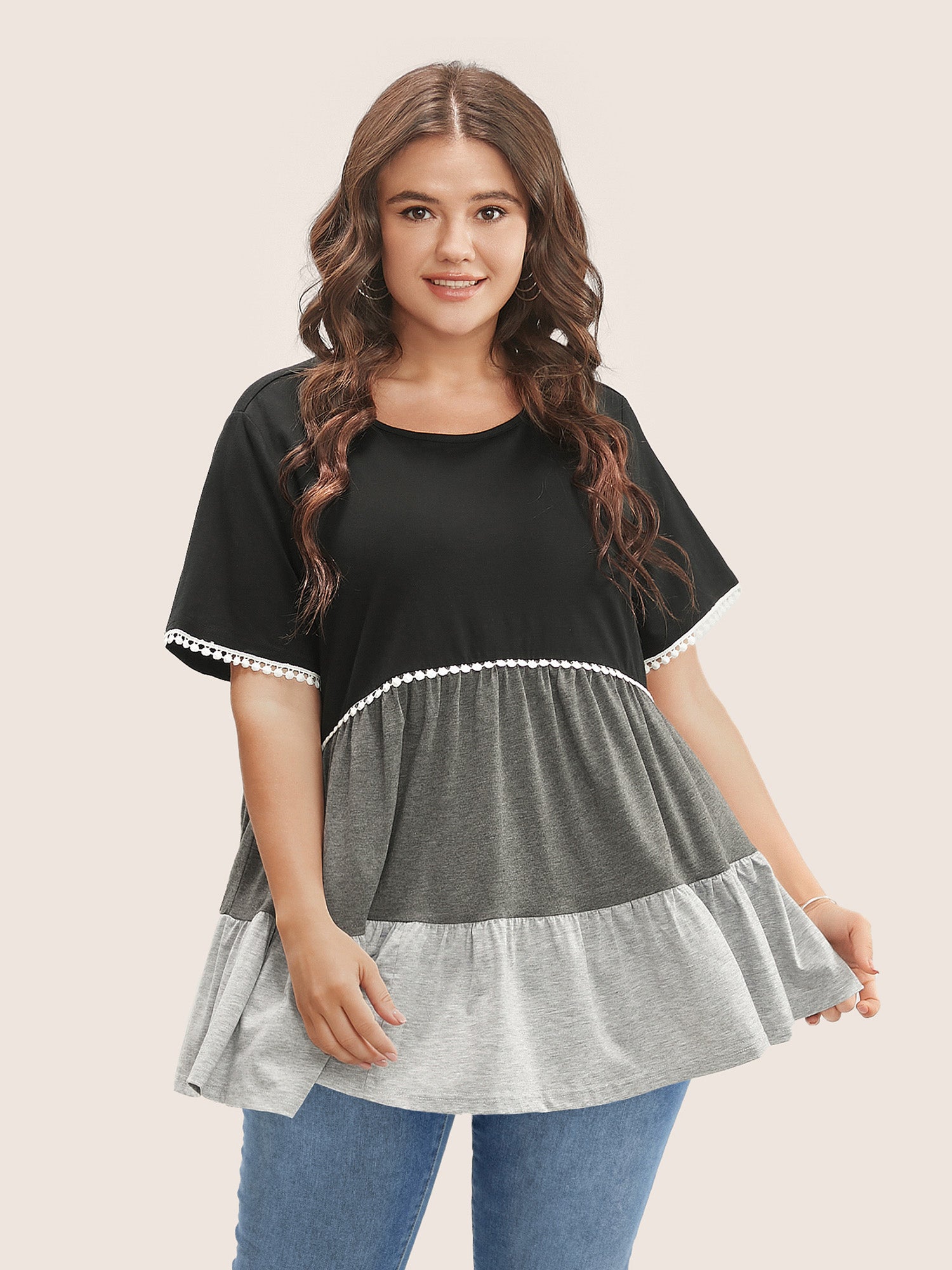 Colorblock Contrast Ruffle Tiered T-shirt