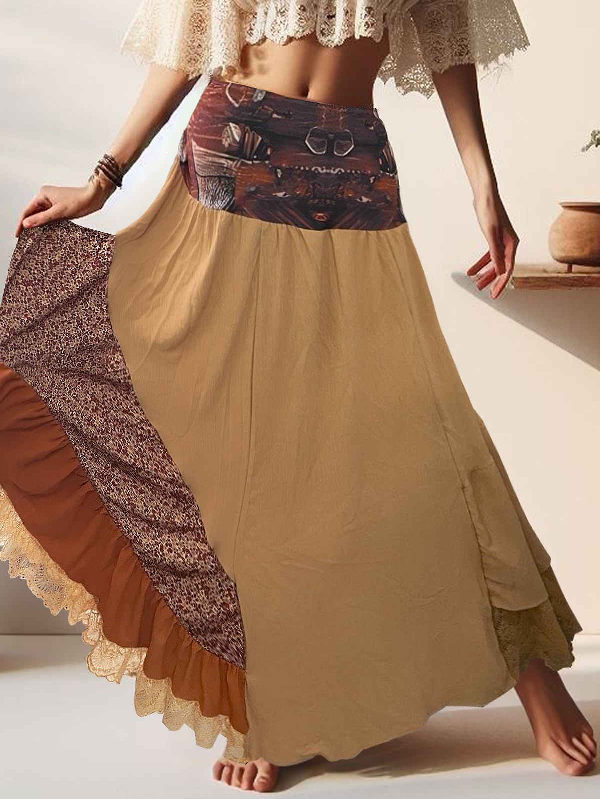 Ursime Boho High Waist Patchwork Maxi Skirt