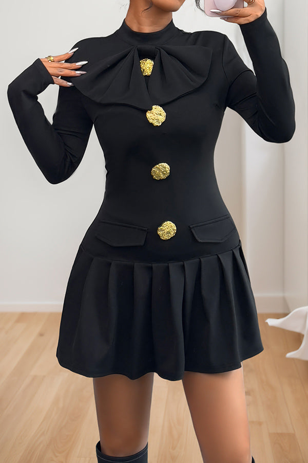 Fashion Button Long Sleeve Ruffle Hem Casual Dress